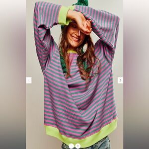 Free people- Classic Striped Oversized Crewneck- pink combo - Large